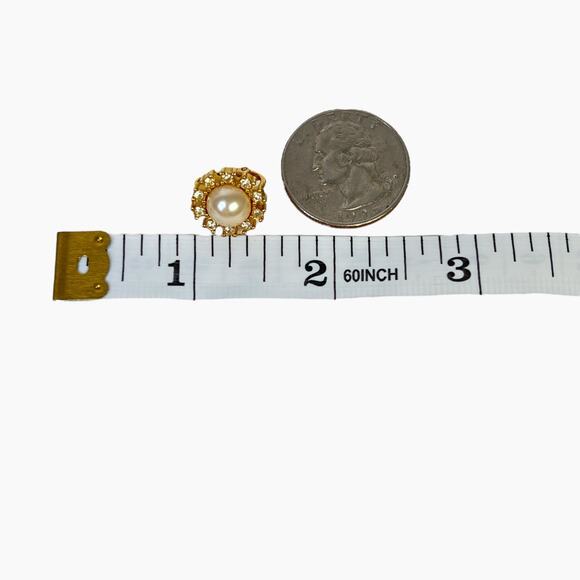 Earrings Richelieu Faux Pearl Rhinestones And Monet Cream Enamel Clip On Vintage - Picture 11 of 12